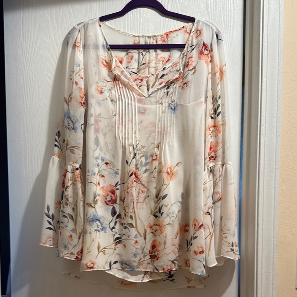 White House Black Market Floral Blouse - Cream, Blue, Orange